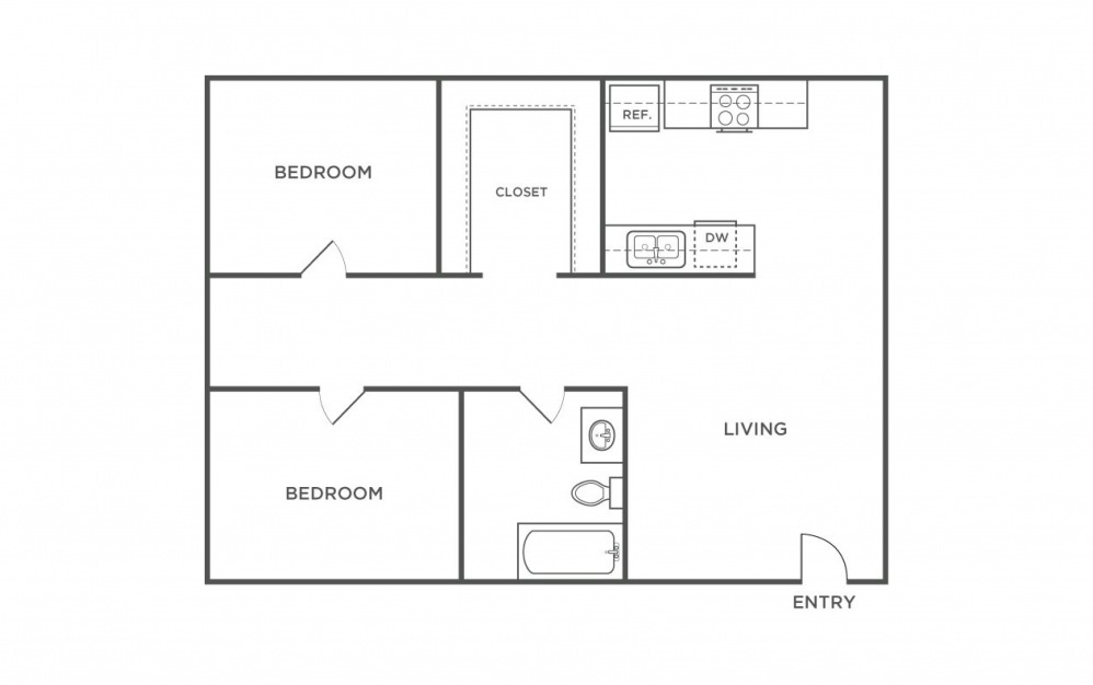 B1 - 2 bedroom floorplan layout with 1 bath and 778 square feet.