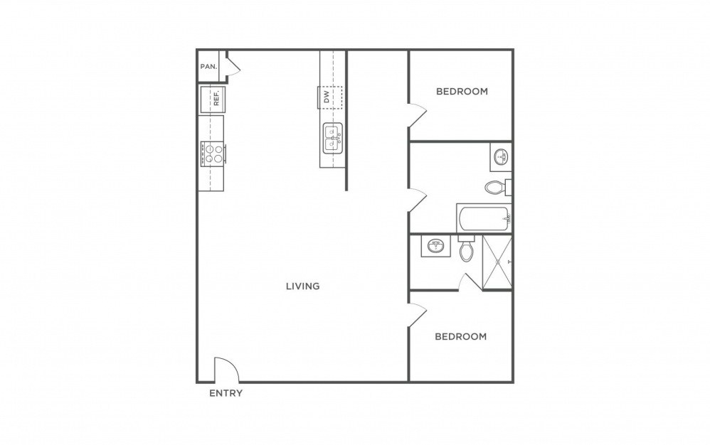 B2 - 2 bedroom floorplan layout with 2 baths and 867 square feet.