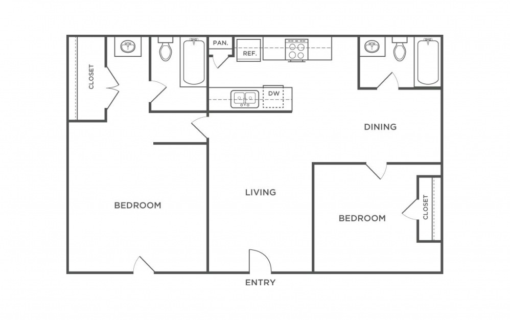 B3 - 2 bedroom floorplan layout with 2 baths and 936 square feet.
