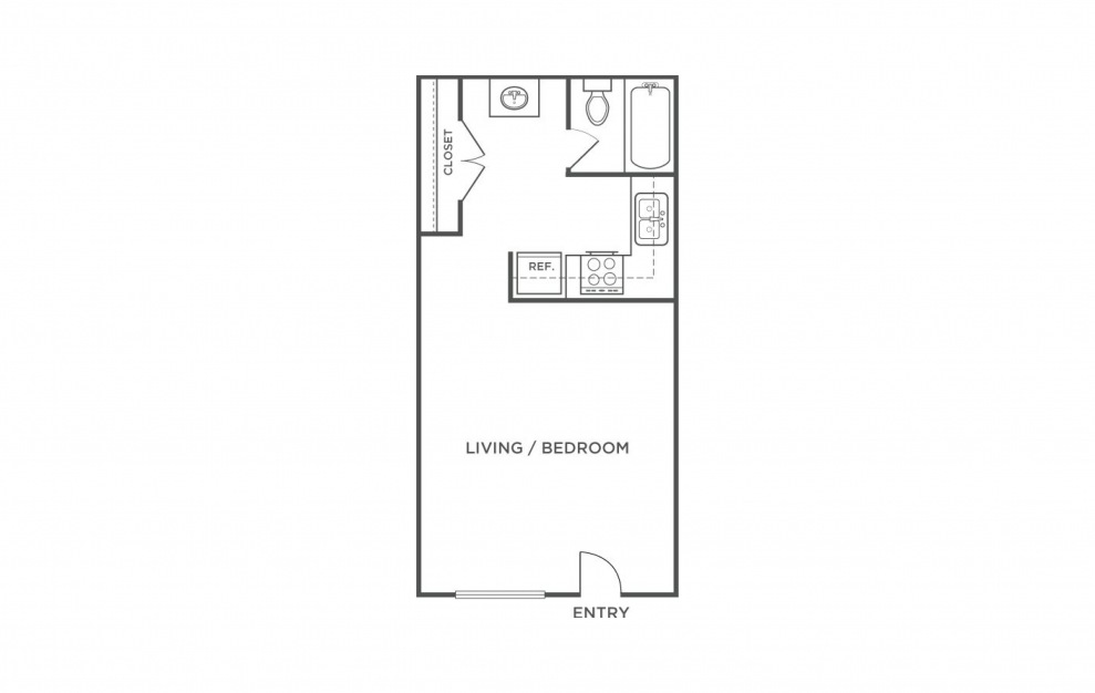 Eff - Studio floorplan layout with 1 bath and 338 square feet.